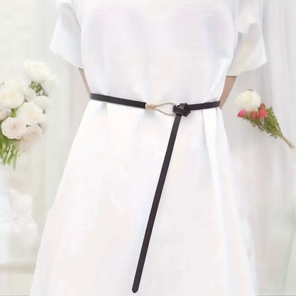 Black Trendy Knotted Skinny Thin Belt For Women Classic Solid Color Faux Leather